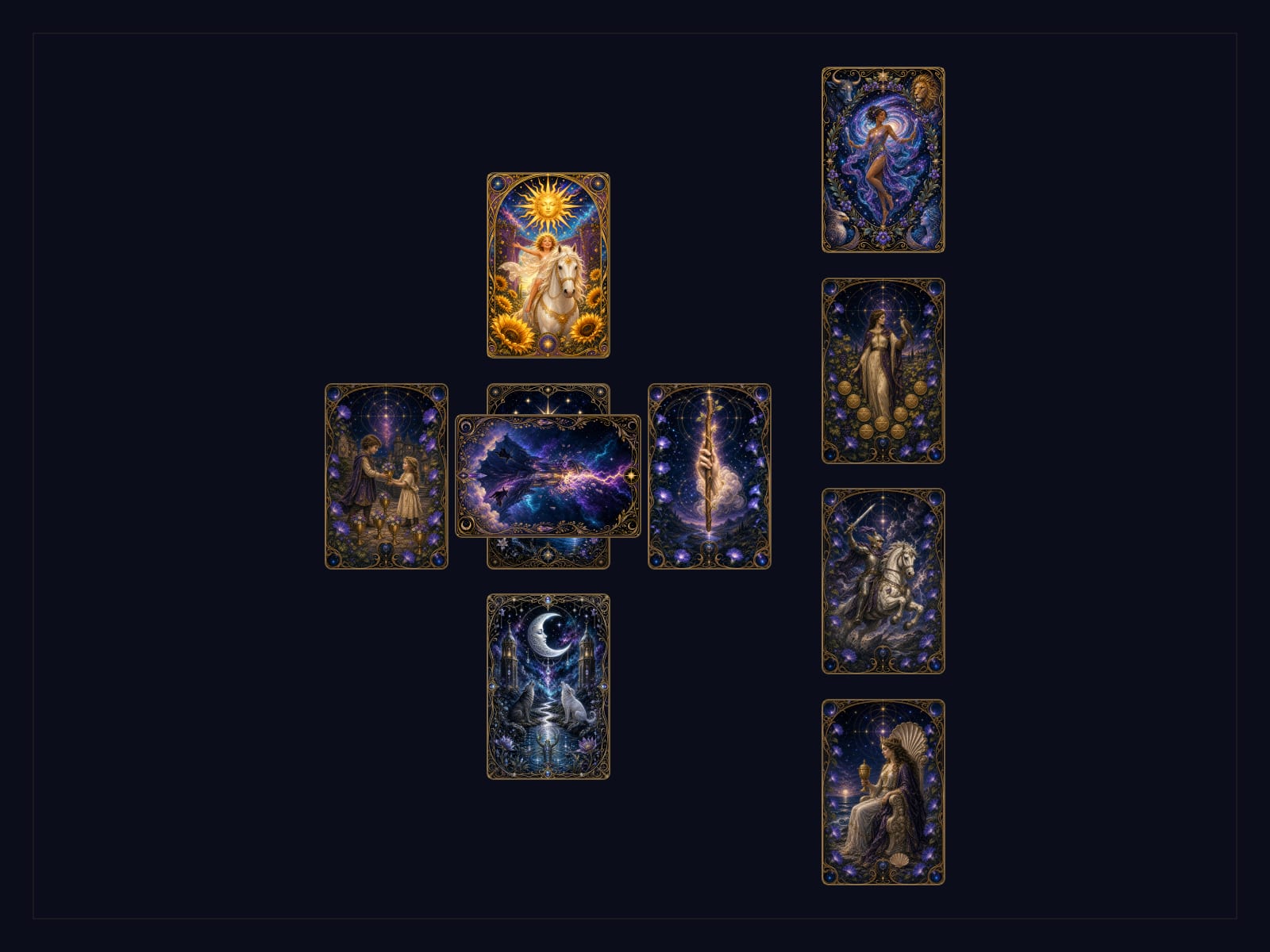 Ten tarot cards in the Celtic Cross layout, a six-card cross beside a four-card staff, for a Celtic Cross Atlas reading.