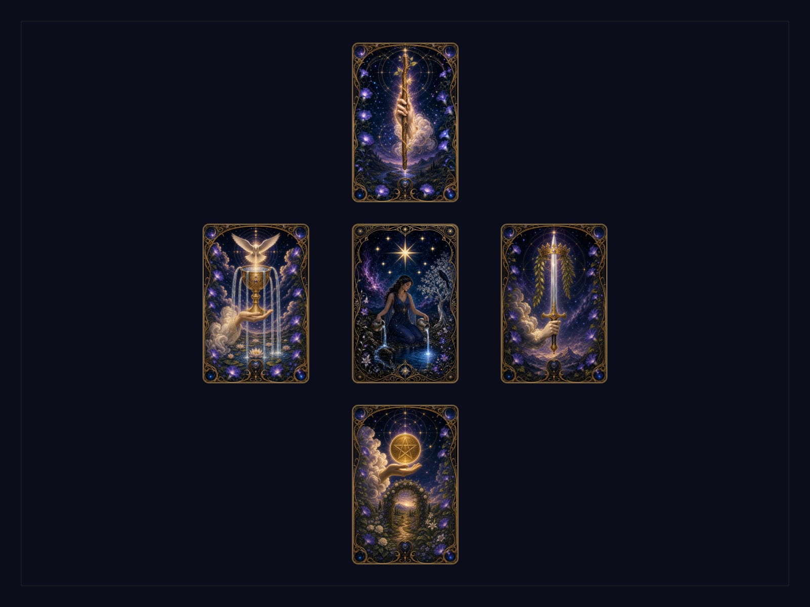 Five tarot cards in a compass layout, one at the centre with four arranged around it, for a Five-Card Compass reading.