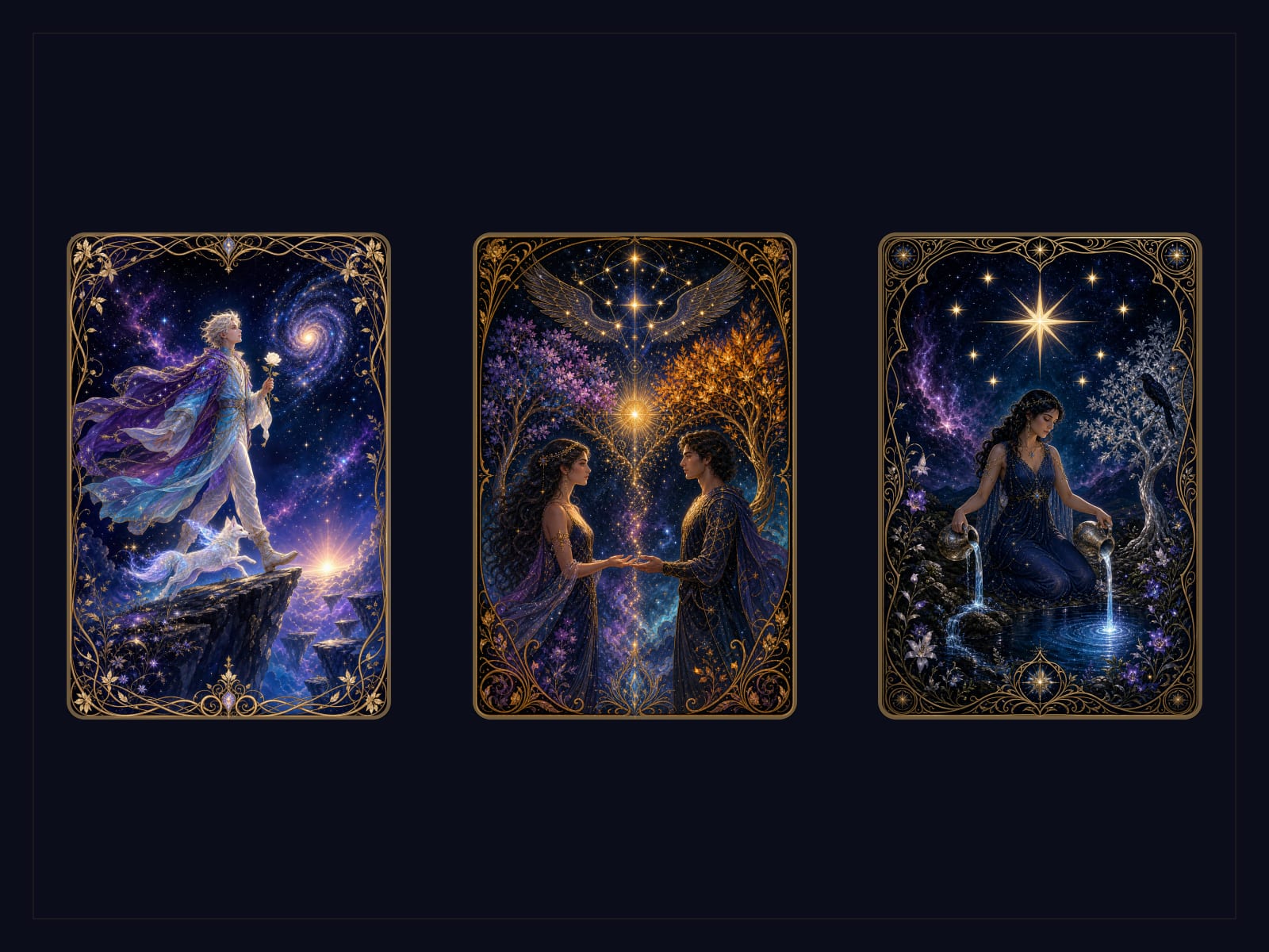 Three tarot cards laid side by side, left to right, for a Three-Card Path reading.
